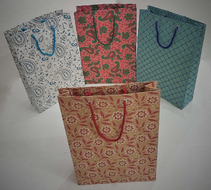 Sbag (M) Hmp Fp.: printed paper gift bags standing, with one open to show the gusset and cord handles